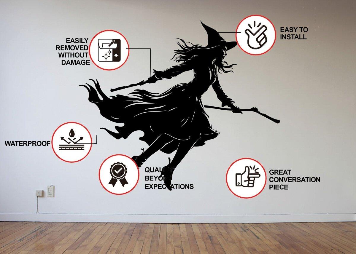 Flying broom figure silhouette decal with product features and application information.