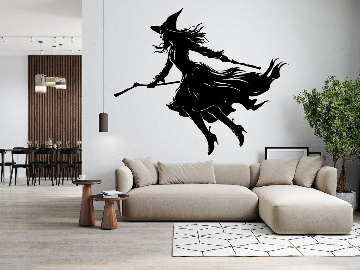 Alternate room view of the flying broom figure silhouette wall decal.