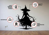 Figure and flame silhouette wall decal with product features and application information.