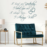 Love Forever wall sticker above a stylish blue chair, featuring romantic quotes and heart decorations.
