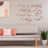 Love Forever wall sticker with romantic quote and hearts displayed above a modern sofa in a cozy living room setting.