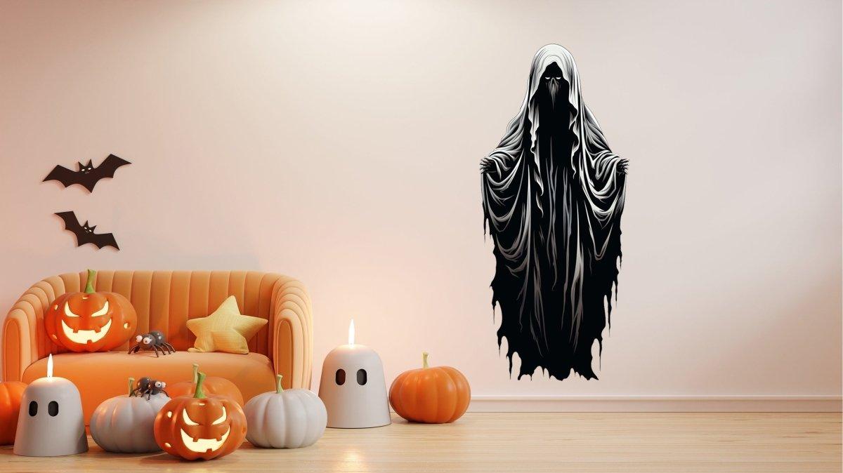 Ethereal Halloween ghost wall decal featuring a ghoul silhouette above pumpkins and spooky decor.