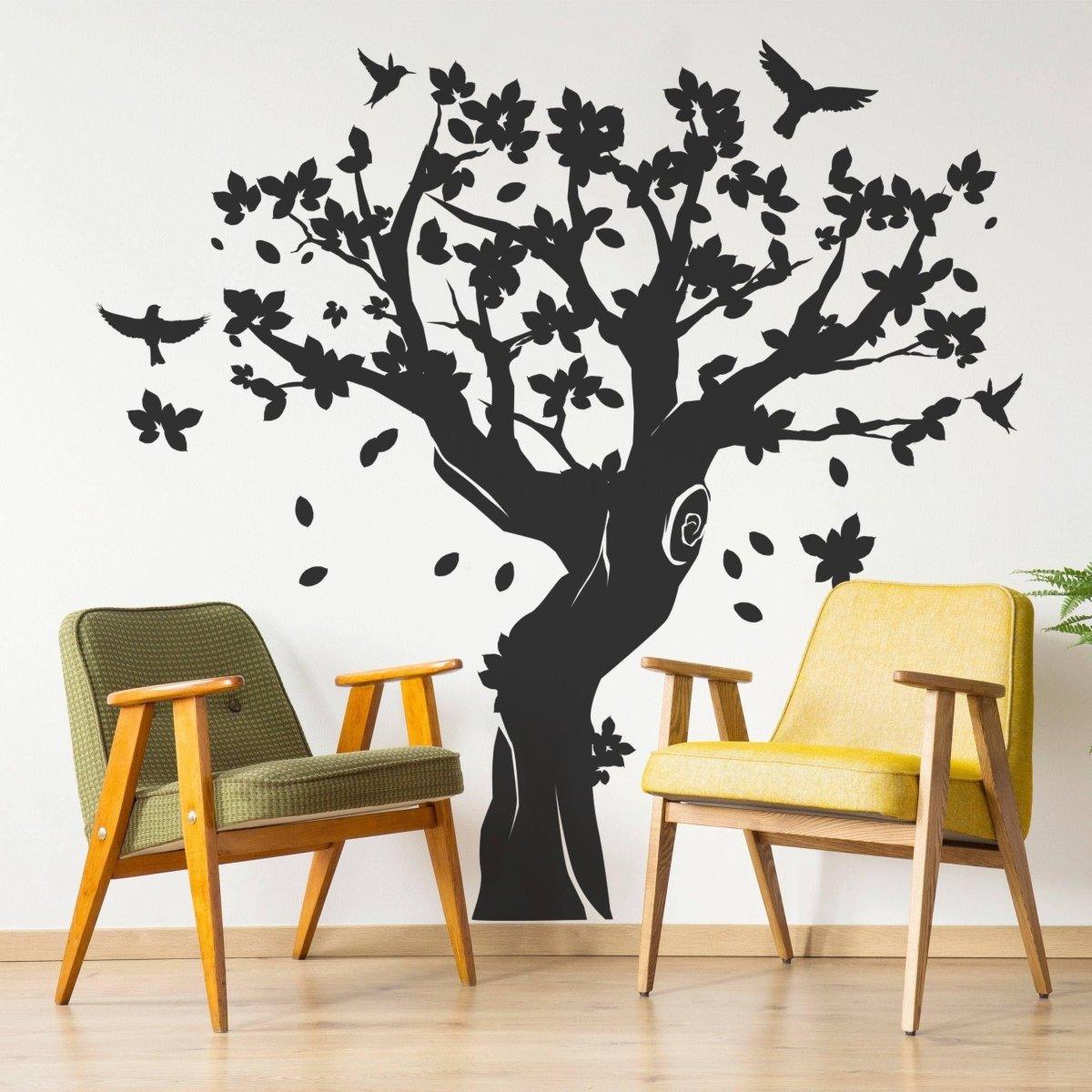 Contemporary tree wall decal featuring birds and flowers.