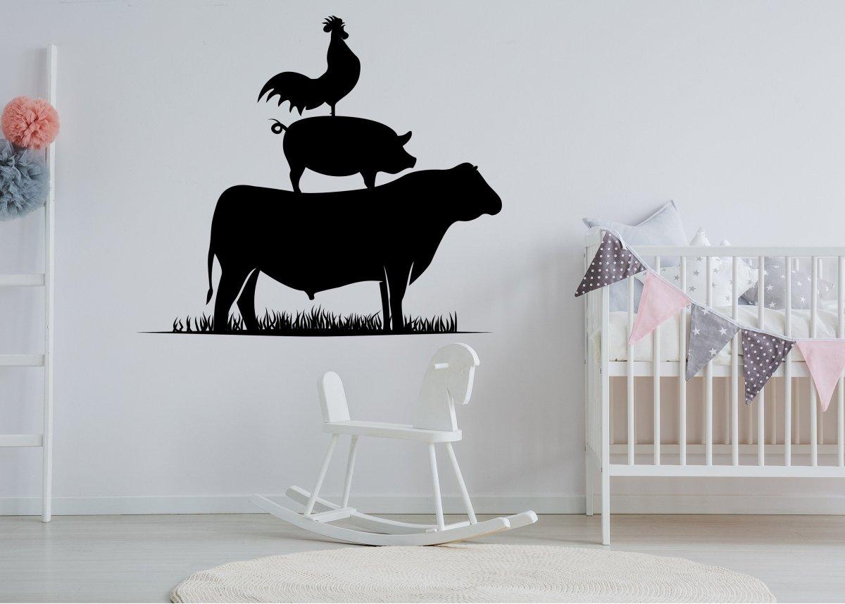 Charming farm animal wall decal featuring a cow, pig, and rooster.