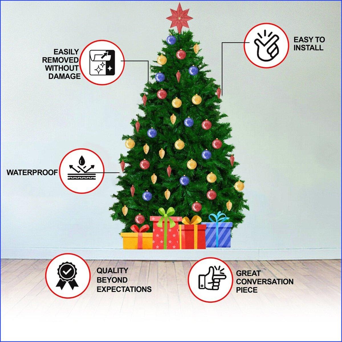 Large Christmas tree wall decal with colorful ornaments.