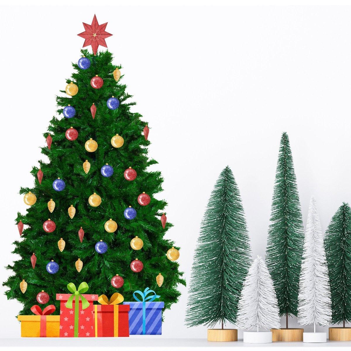 Large Christmas pine wall decal with colorful ornaments and presents.