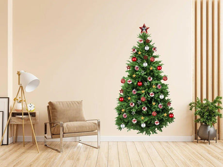 Decorated pine Christmas tree wall decal with colorful ornaments and a star