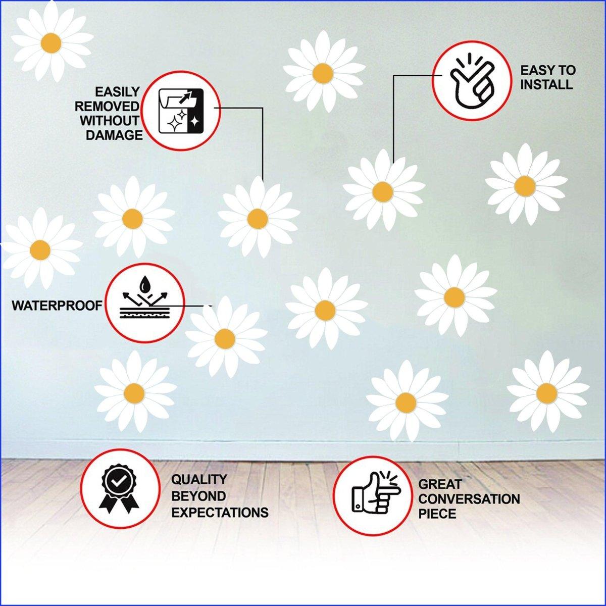 Product features graphic for the boho daisy flower wall decals.