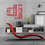 Stylish DJ music wall decal in modern interior with red accent chair and sleek furniture.