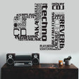 DJ wall decal featuring techno music words, enhancing any music lover's space with a stylish design.