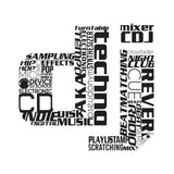 DJ wall art design featuring music-related terms in a creative typographic layout.