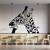 Dj Giraffe vinyl decal wall art, colorful giraffe with headphones in modern cafe setting.