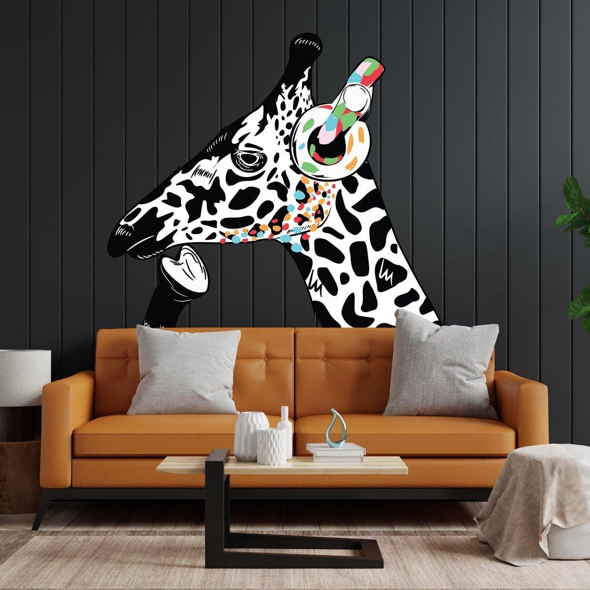Dj Giraffe vinyl decal wall art featuring a colorful giraffe with headphones, enhancing modern living space decor.