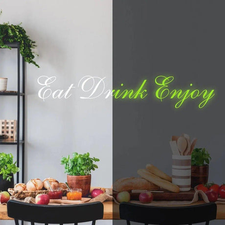 Светящаяся надпись Eat Drink Enjoy в кухонном интерьере
