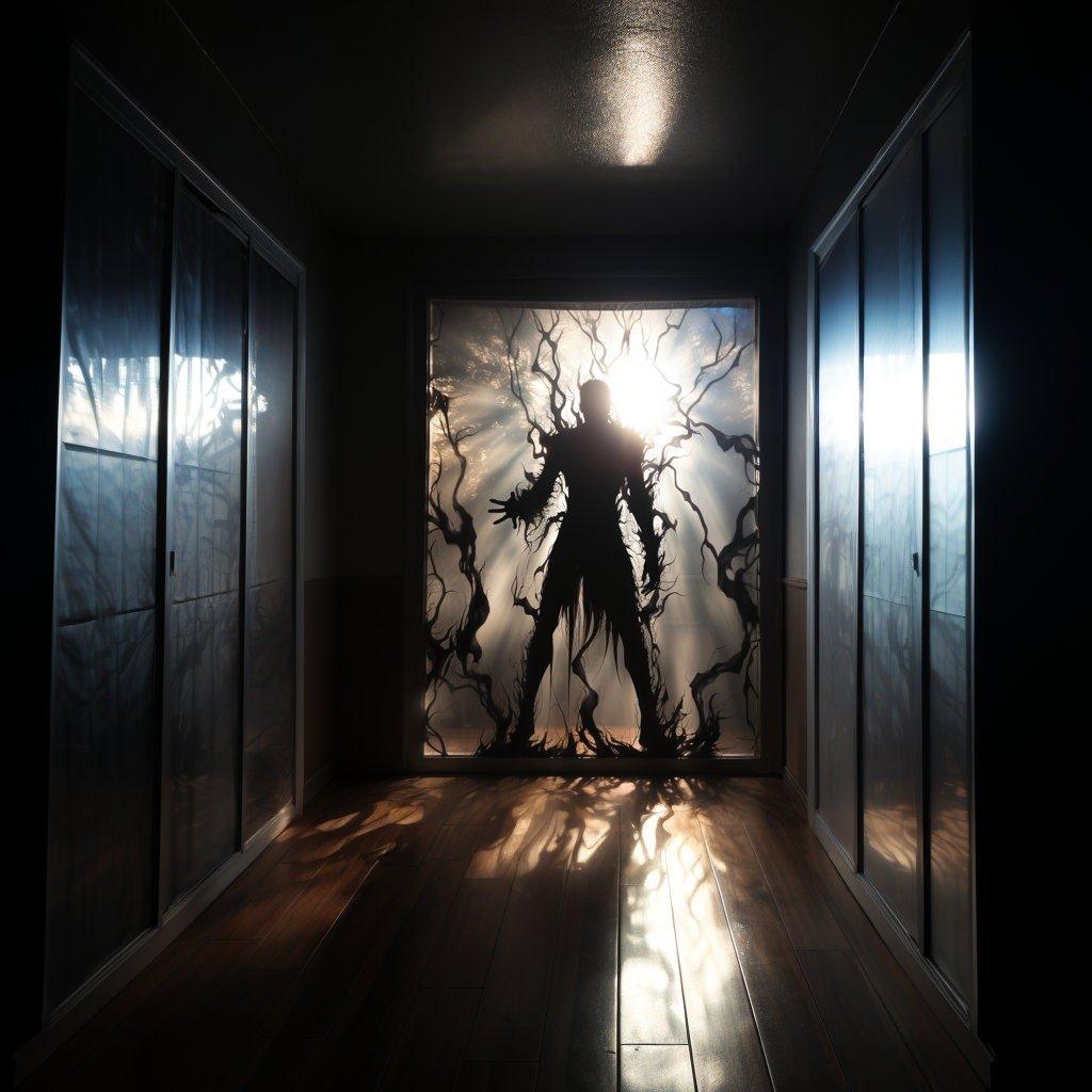 Frosted vampire silhouette window decal casting dramatic shadows in a stylish hallway.
