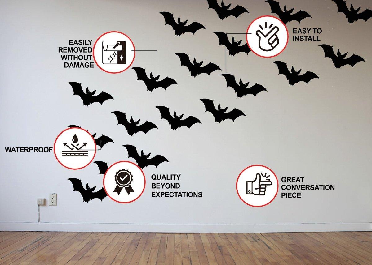 Product features graphic for the Halloween bat window sticker set.