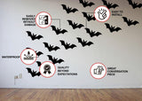 Product features graphic for the Halloween bat window sticker set.