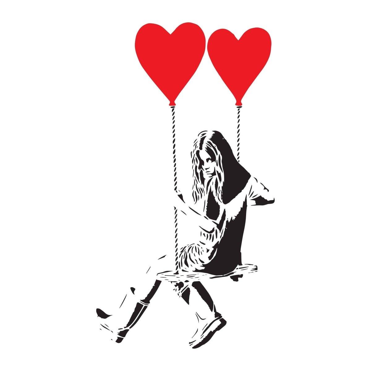 Vinyl heart balloon wall decal featuring a girl on a swing.