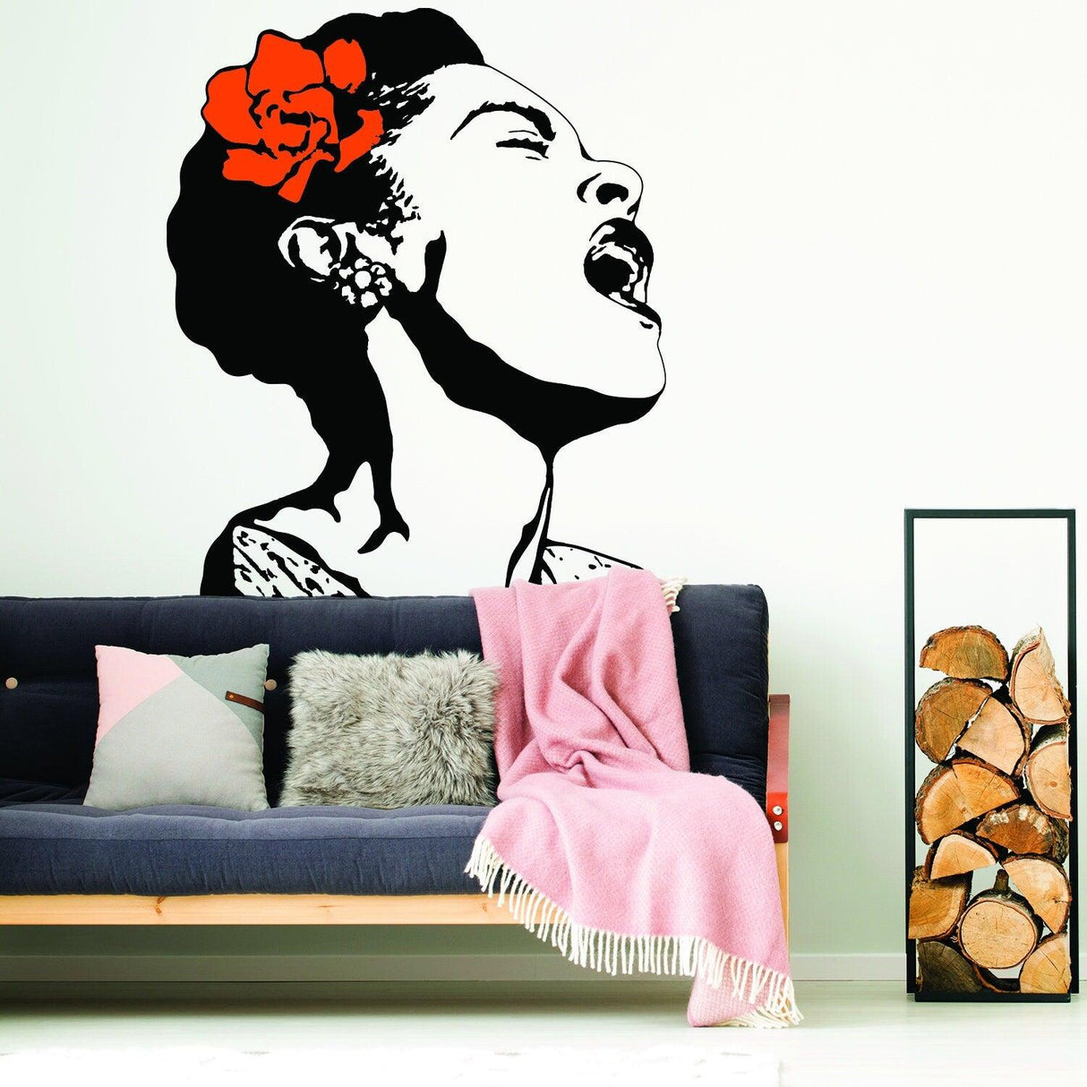 Life Is Beautiful street art decal with a singing woman and red flower in a living room.