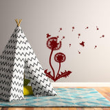 Dandelion vinyl sticker wall decal on a nursery wall next to a teepee tent, adding whimsical flower decor.