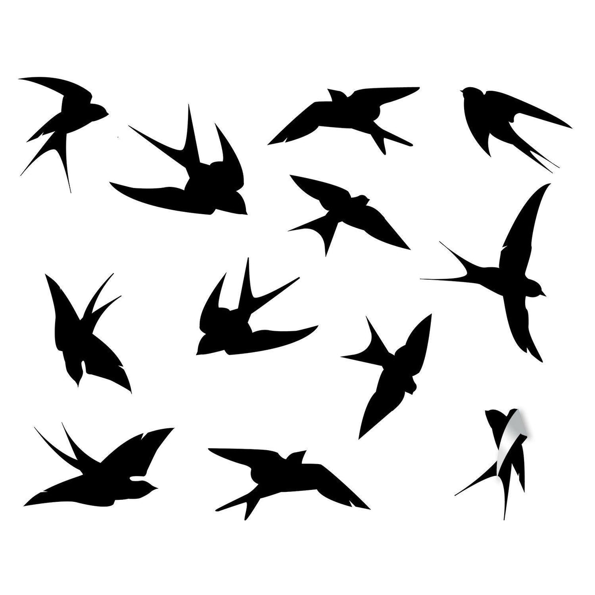 12 black vinyl flock of birds wall stickers in various sizes.
