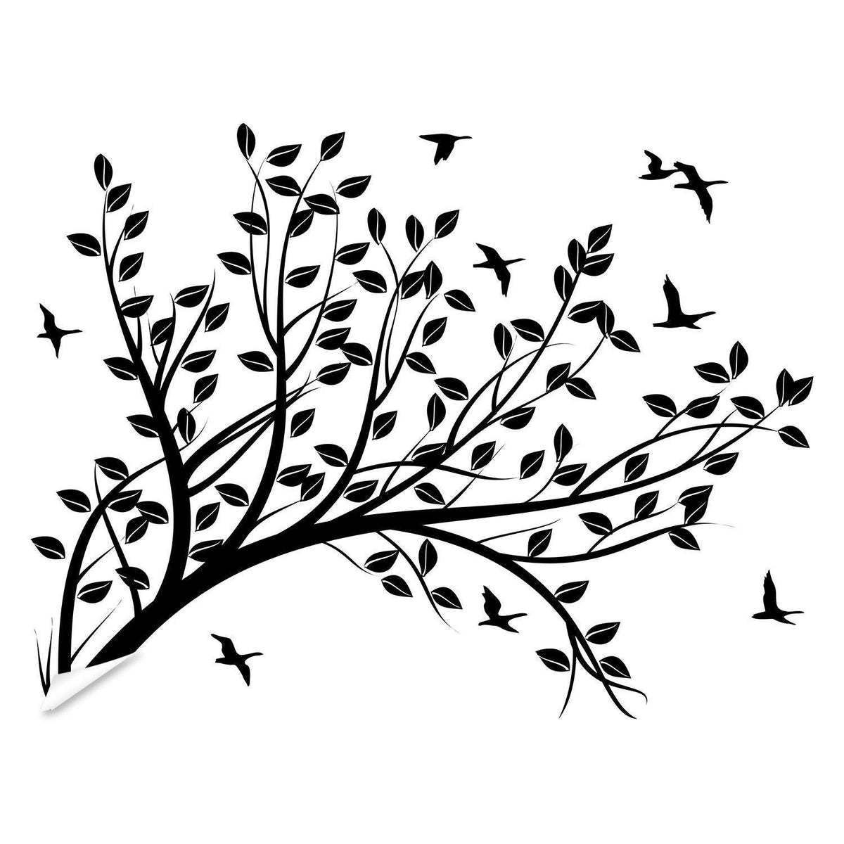 Black vinyl wall decal of a tree branch with leaves and birds.