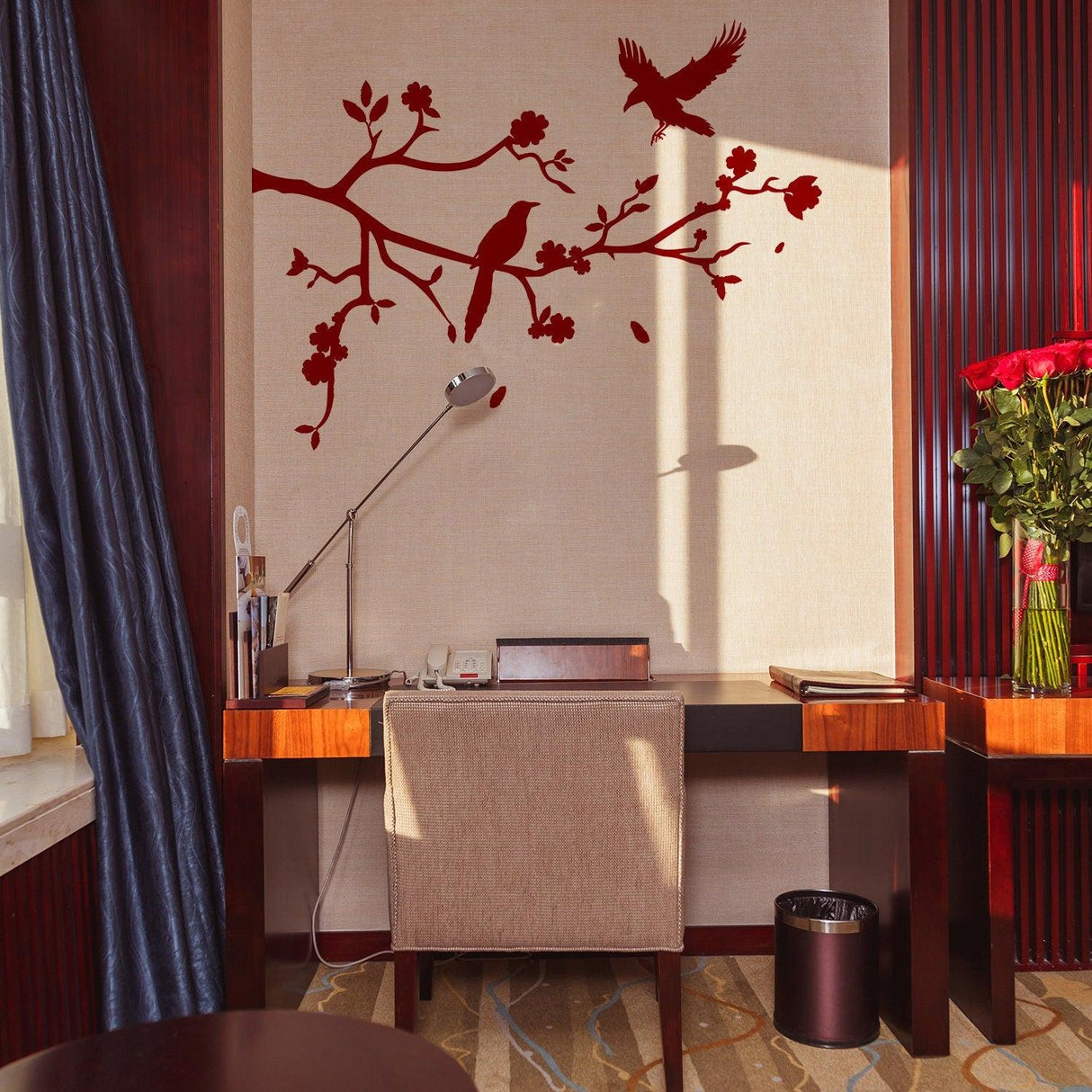 Branch Wall Tree Sticker vinyl decal with birds in a stylish room setting, adding whimsy to the decor.