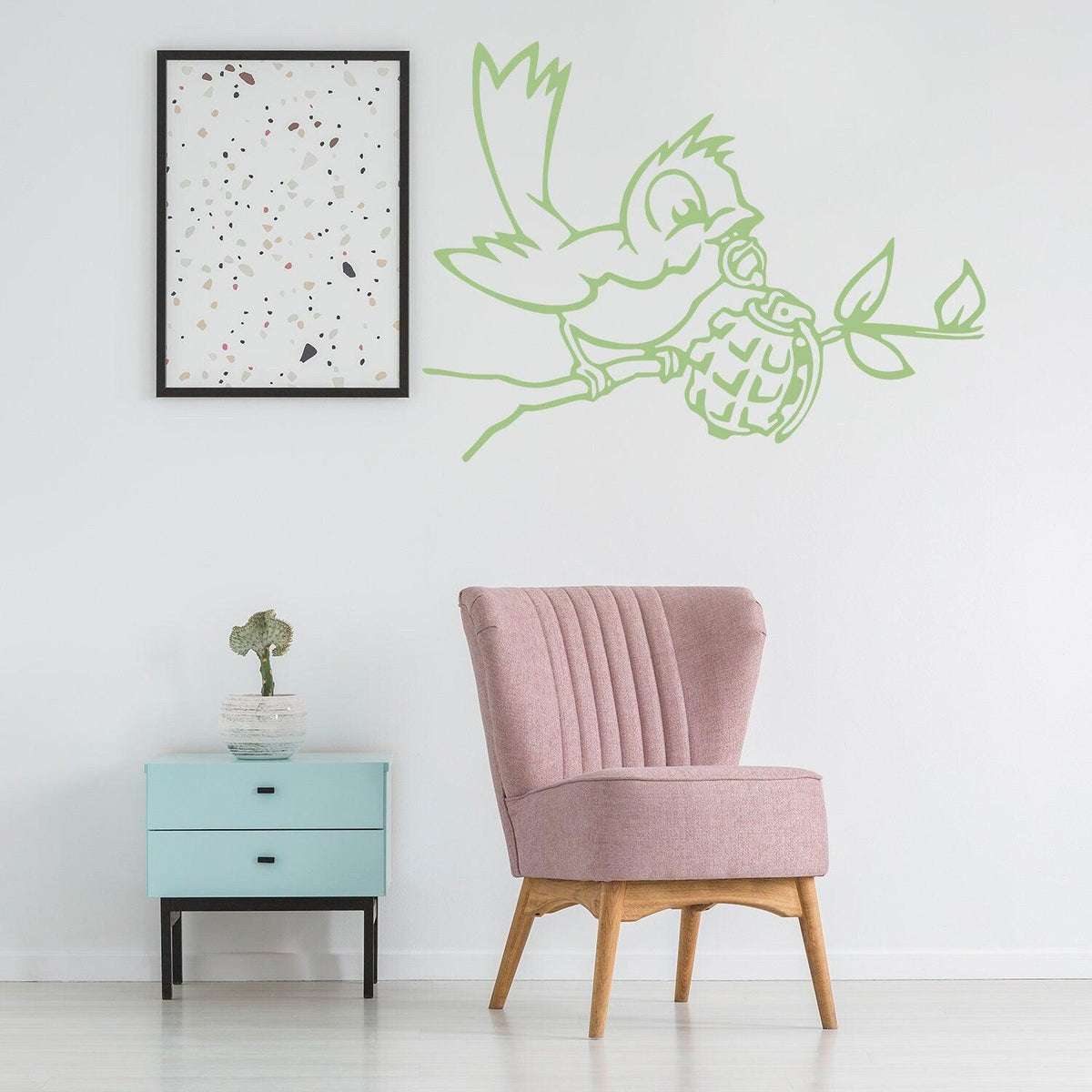 Bird with grenade wall decal displayed in a modern room.