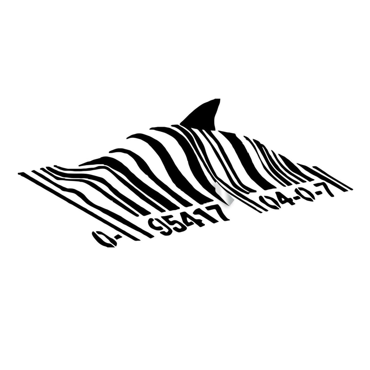 Barcode shark wall sticker featuring a shark silhouette formed by black barcode stripes.