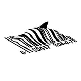 Barcode shark wall sticker featuring a shark silhouette formed by black barcode stripes.