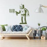 Barcode robot wall sticker displayed above a modern sofa.