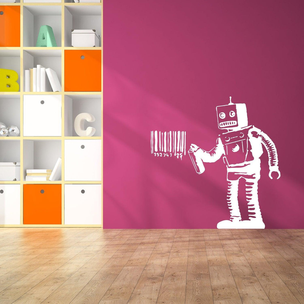 Barcode robot wall sticker displayed on a pink wall.