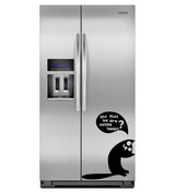 Cute vinyl sticker on a fridge with a funny cat design asking 'And what are we eating tonight?'.