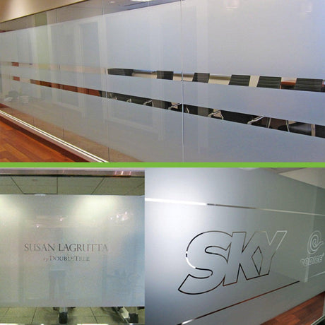 Custom frosted vinyl stickers on glass, featuring elegant matte etched designs for office decor.