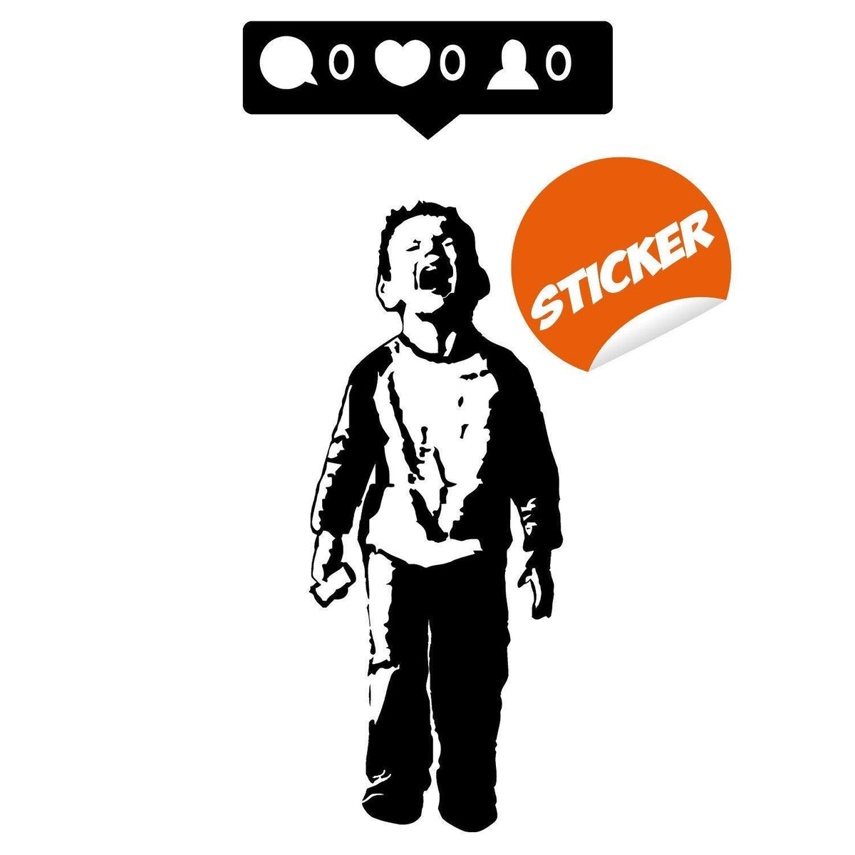 Crying boy with cellphone wall sticker about social media.