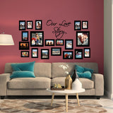 Gallery wall with picture frames stickers showcasing personal memories and decorative text 'Our Love Story'.