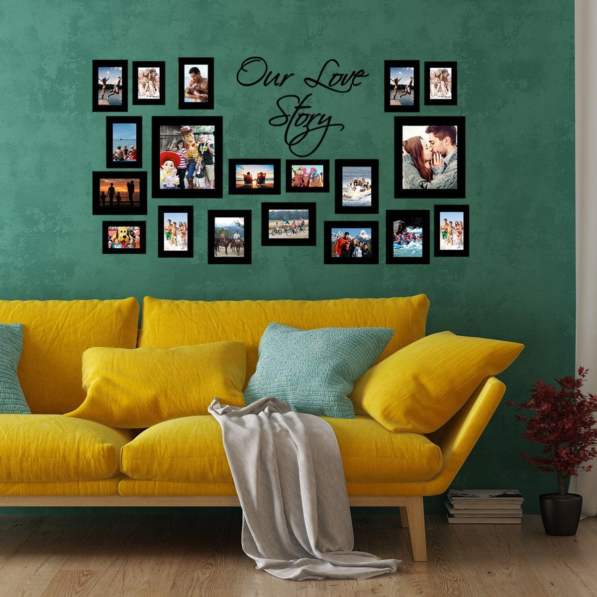 Gallery wall featuring black wall frame stickers with photos and 'Our Love Story' text above a yellow sofa.