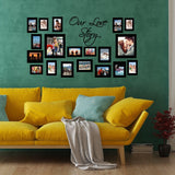 Gallery wall featuring black wall frame stickers with photos and 'Our Love Story' text above a yellow sofa.