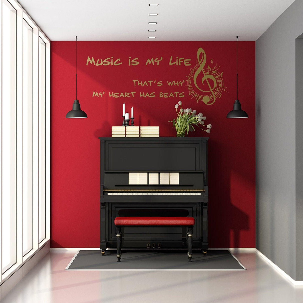 Stylish home decor featuring 'Music Is My Life' wall sticker in a red room with piano and musical notes.