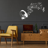 Music is Life wall sticker with headphones and musical notes in modern living room decor.