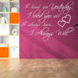 I Love You Yesterday wall sticker in cursive on pink wall, expressing timeless love with heart design.