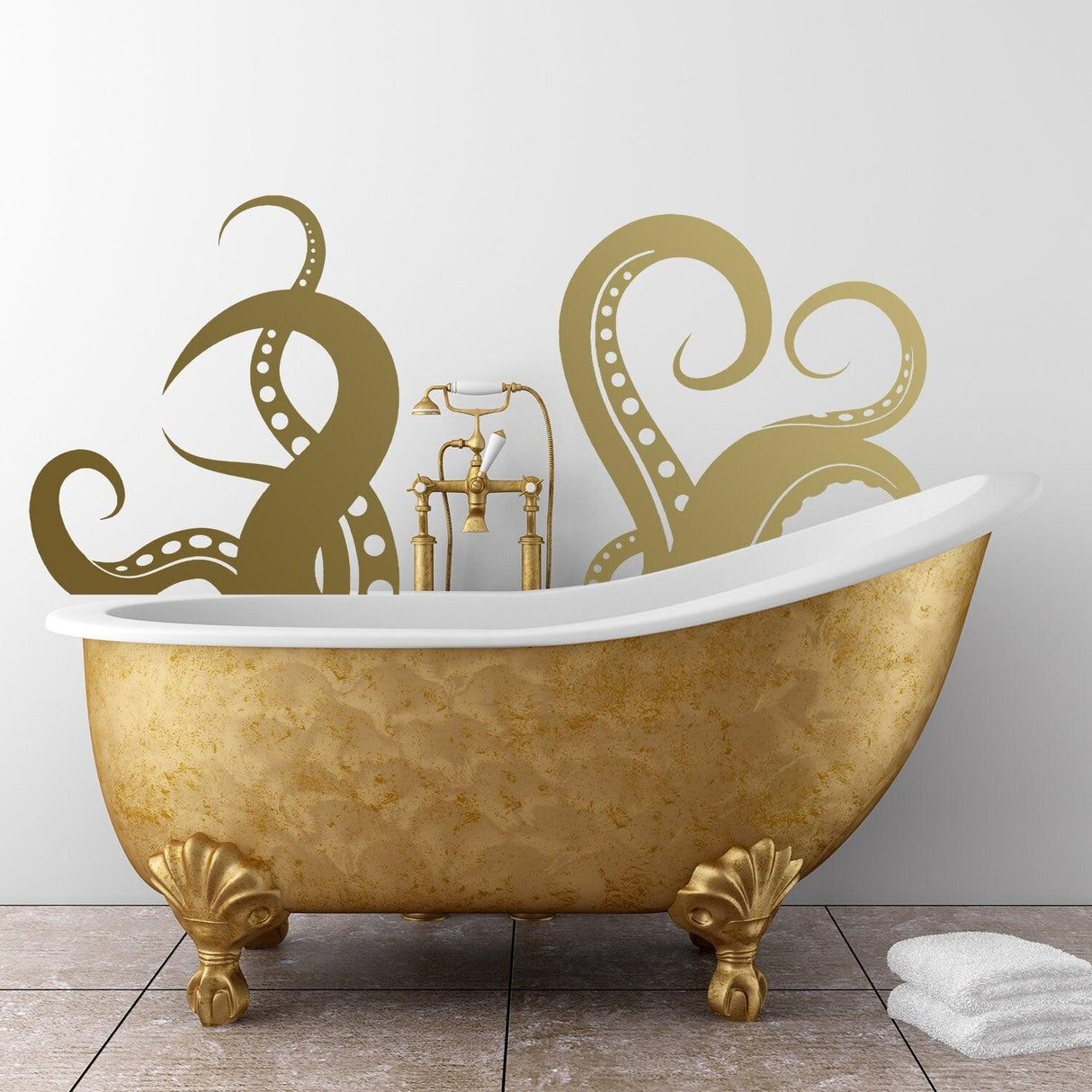 Gold octopus tentacles vinyl wall art sticker above a vintage bathtub, adding ocean decor to a bathroom.