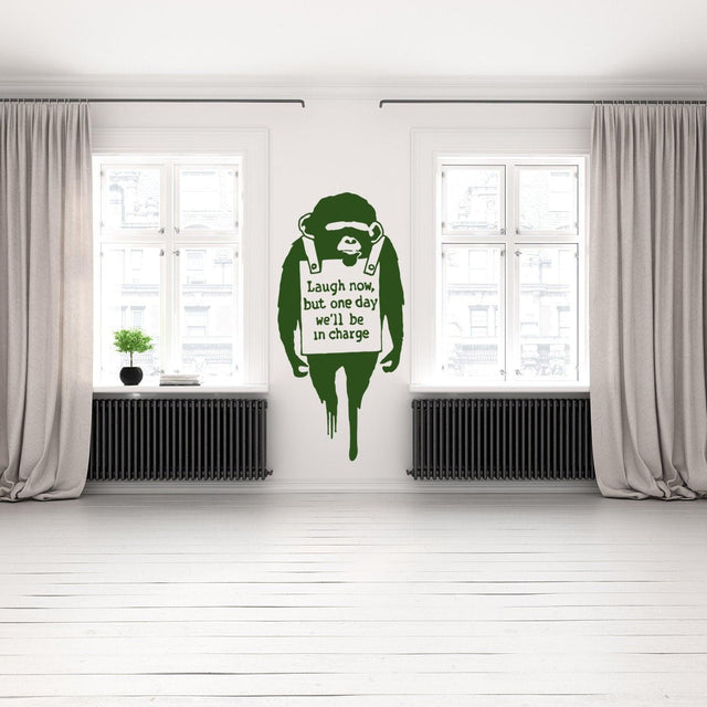 Laugh Now monkey wall sticker with a provocative quote.