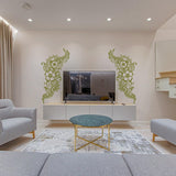 Henna Tattoo Wall Vinyl Sticker featuring floral mandala design around TV in modern living room decor.