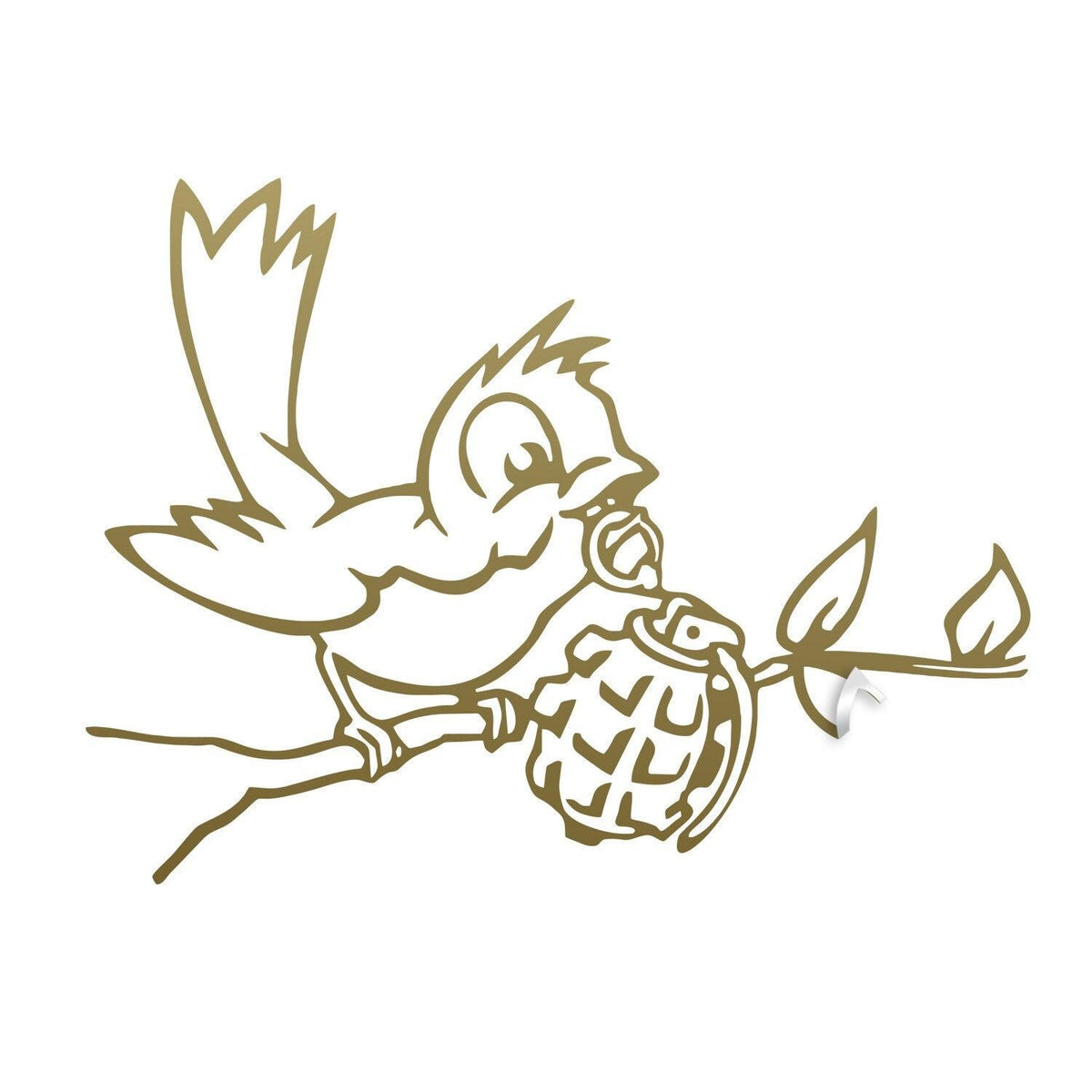 Bird with grenade wall sticker in gold with an urban street art design.