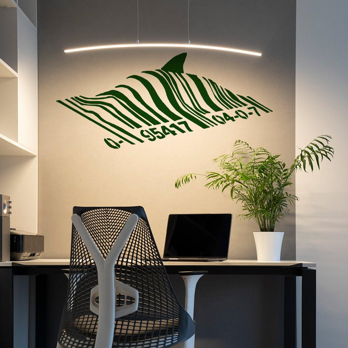 Barcode shark wall sticker displayed in a modern office.