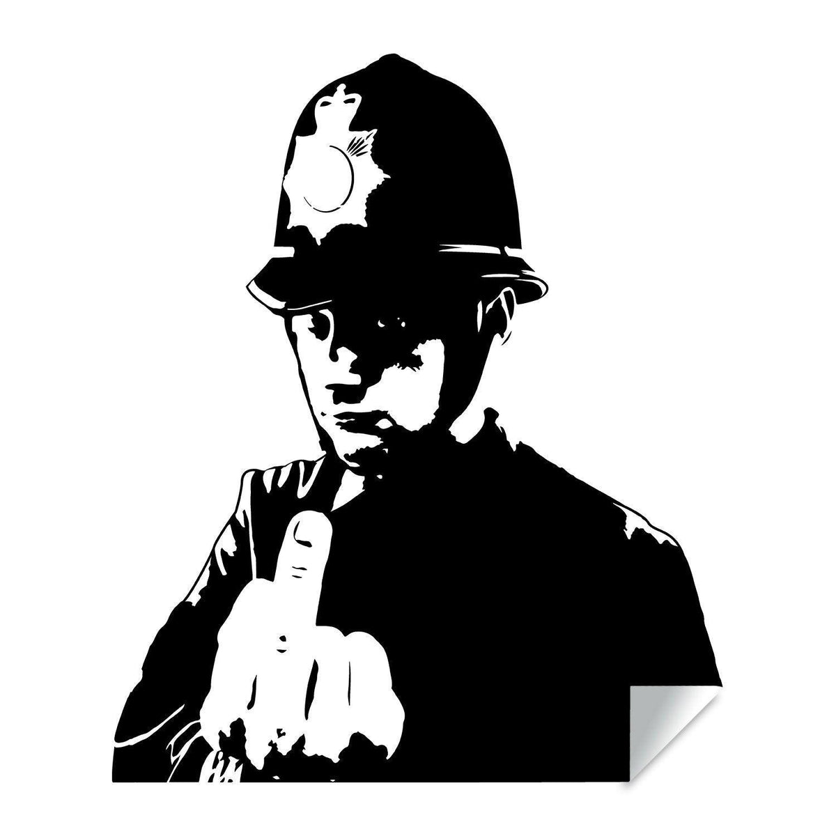 Black-and-white policeman middle-finger street art wall decal.