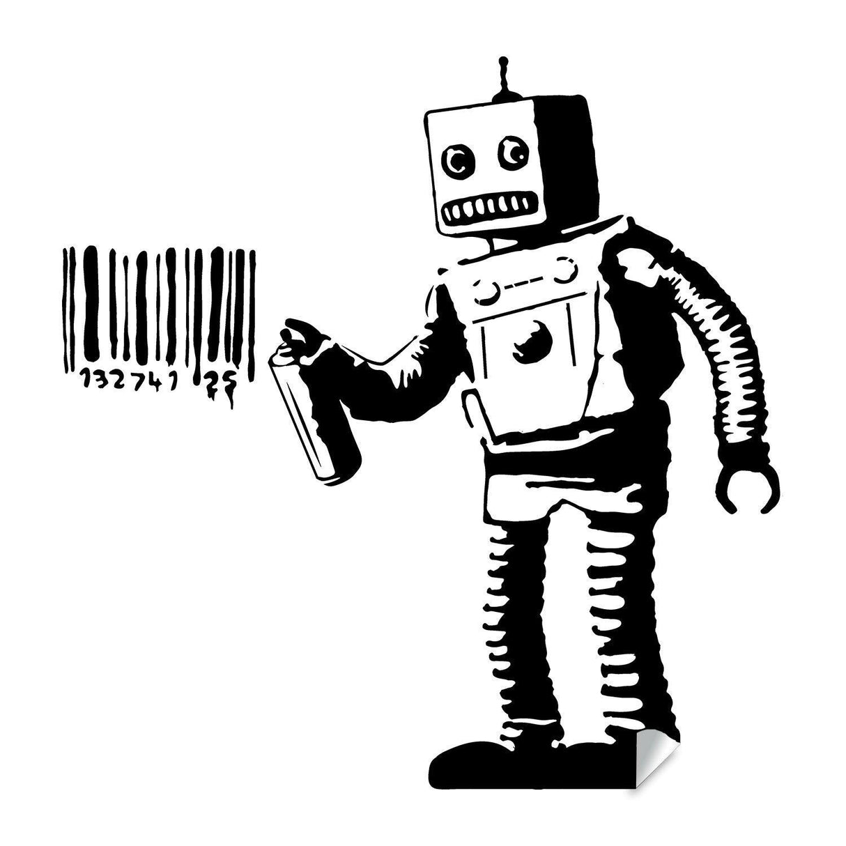 Barcode robot wall sticker with a spray can and barcode design.