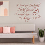 I Love You Yesterday wall sticker with cursive font above a modern sofa, featuring hearts and expressive quotes.