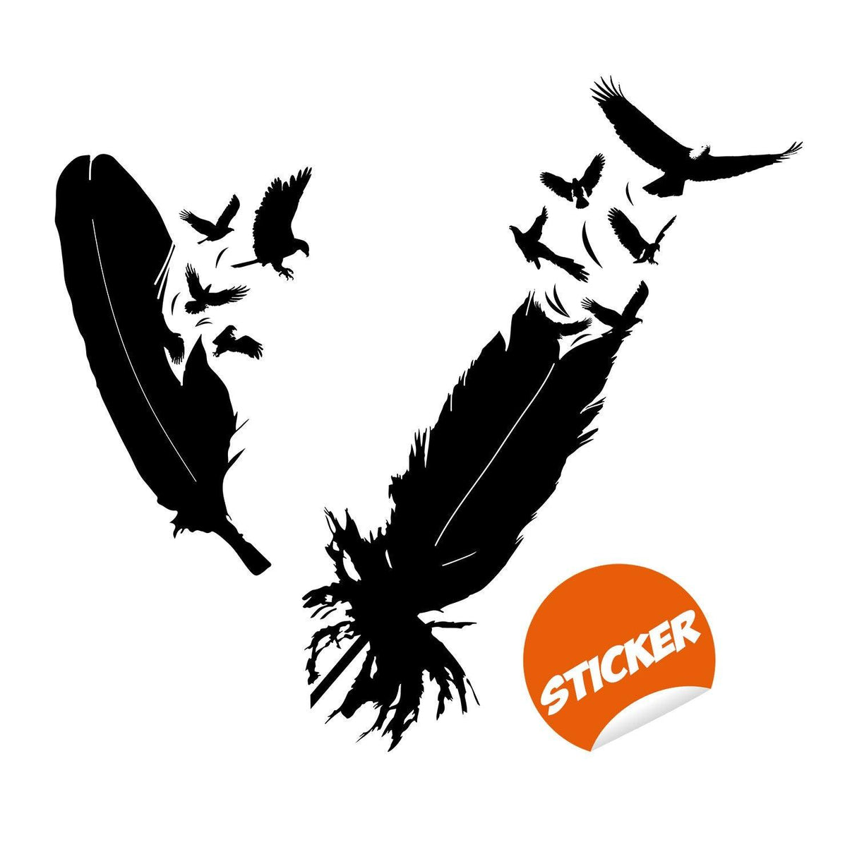 Bird Feather Wall Vinyl Sticker featuring eagle silhouettes and ornate feathers.